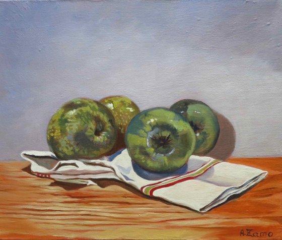 Green apple Granny Smith, Original Oil Painting by Anne Zamo