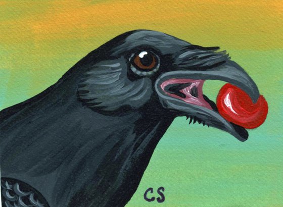 ACEO ATC Original Miniature Painting Crow Raven Bird Wildlife Art-Carla Smale