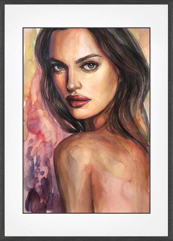 LOOKING BACK, Original Female Portrait Watercolor Painting