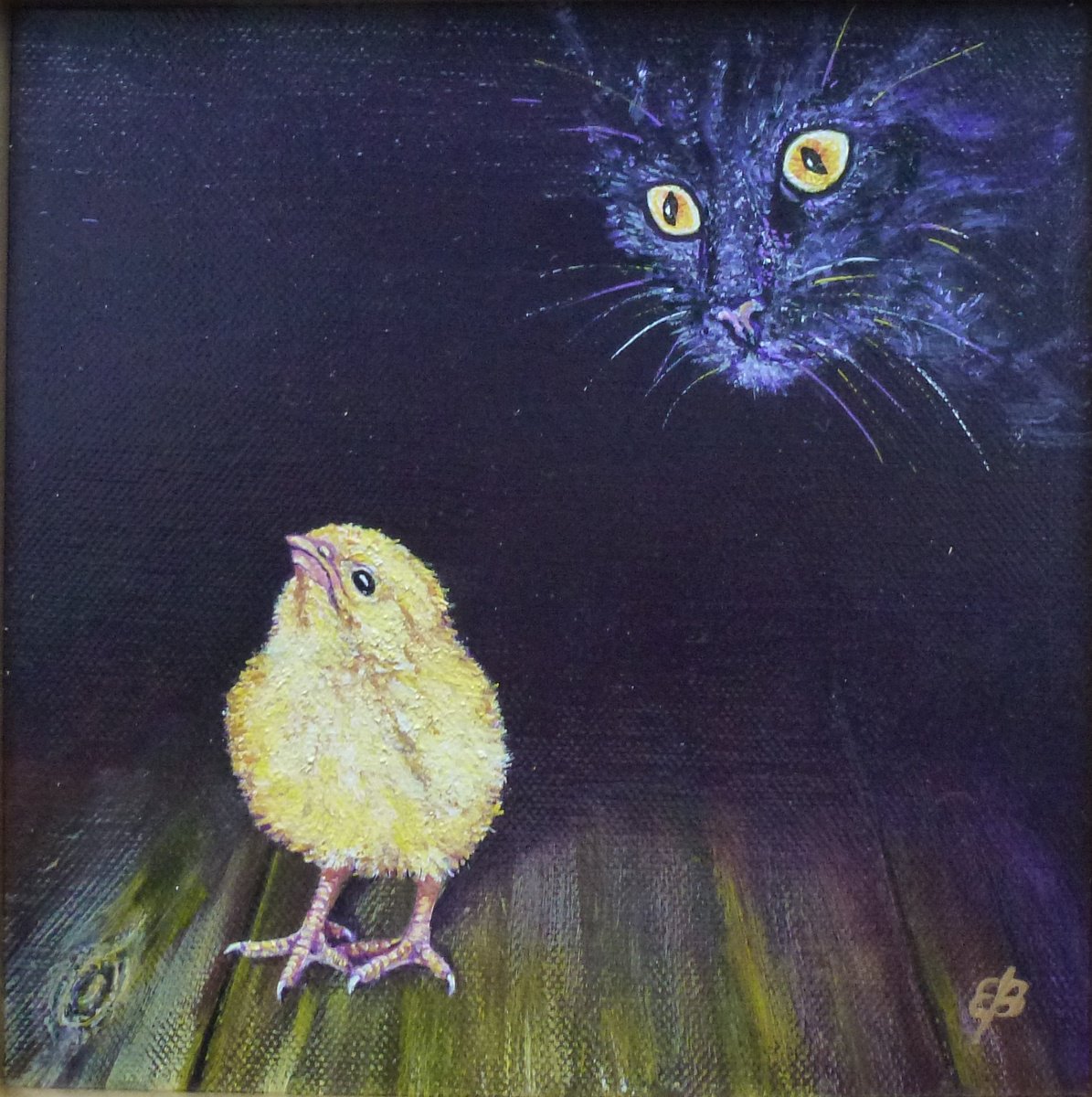 Photorealistic Still Life Acrylic Painting By Lena Smirnova, 9 X 9", Chick And Cat #2, Original Artwork