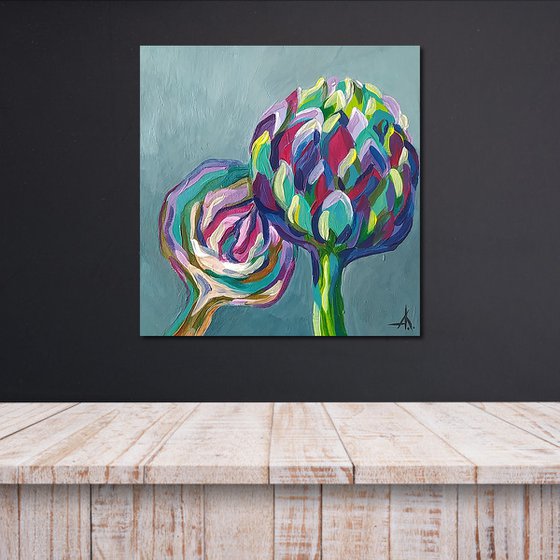 Аrtichoke - acrylic, plant, small painting, acrylic painting, artichoke flowers