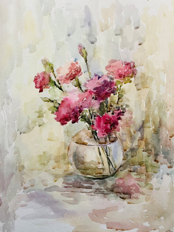 Bouquet of carnations. Original watercolour painting.