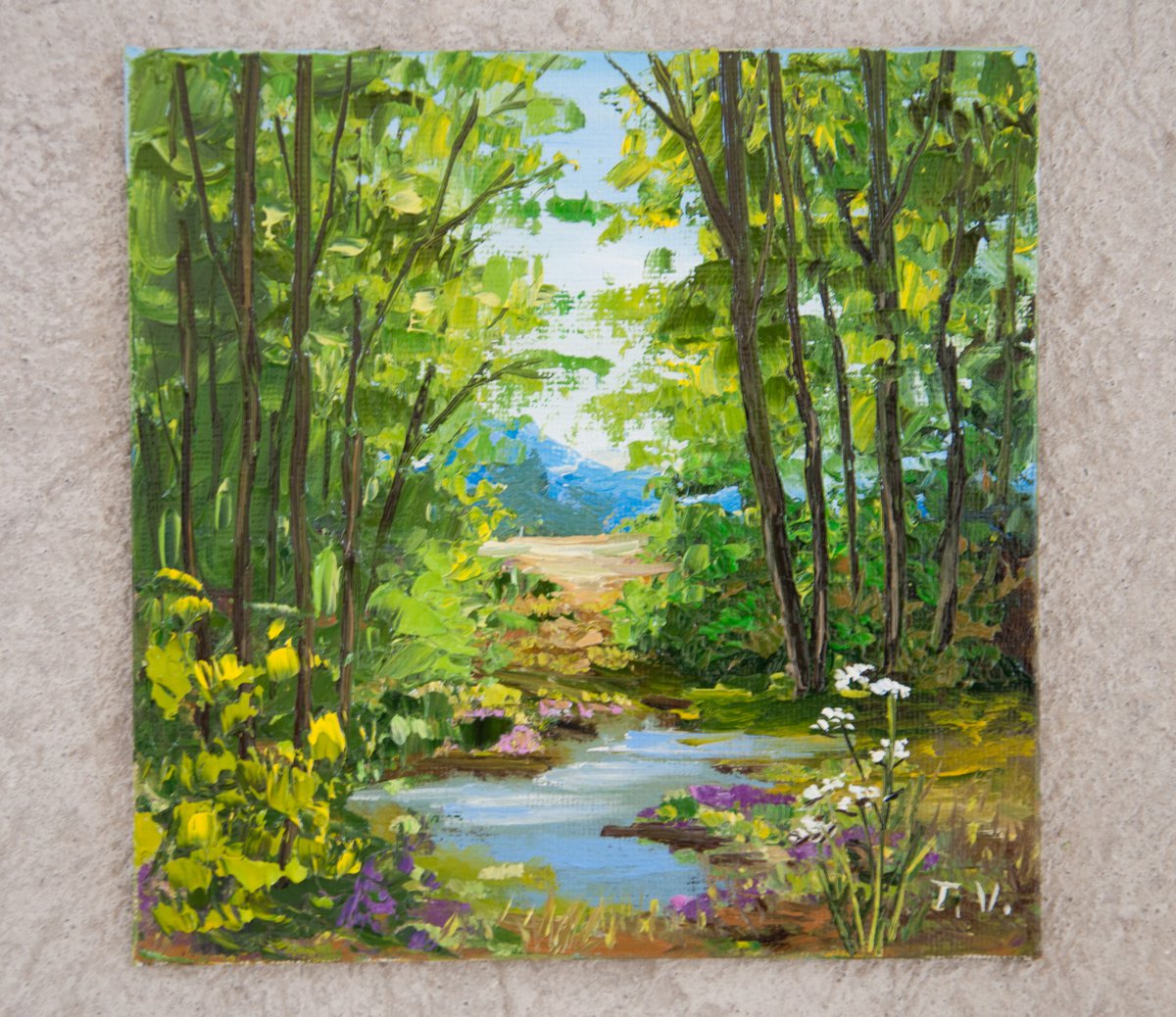 Stream in forest. Oil painting. Miniature. 6 x 6in. by Tetiana Vysochynska