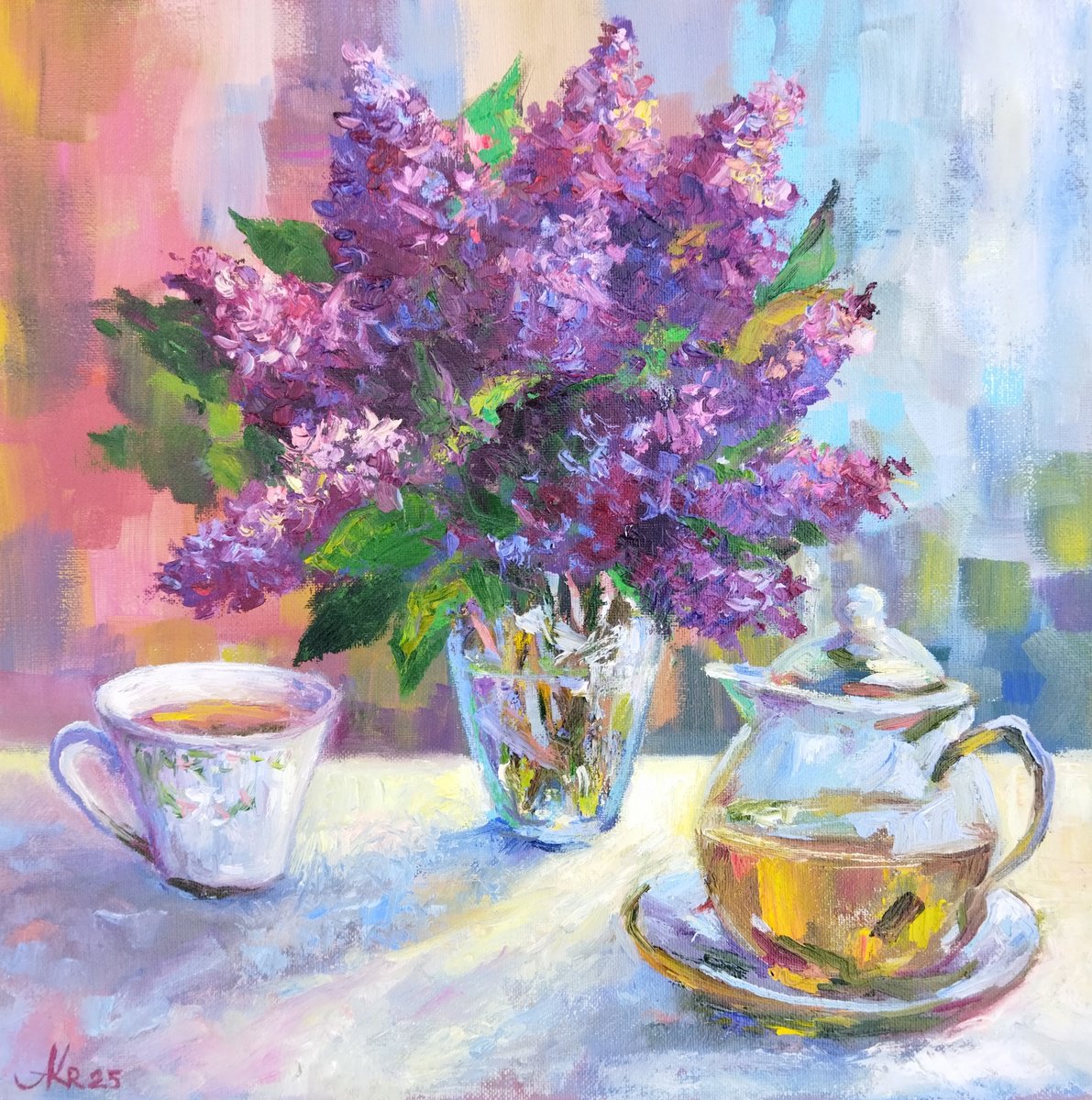 Impressionistic Botanical Oil Painting By Ann Krasikova, 14 X 14, Lilac Bouquet, Original Artwork