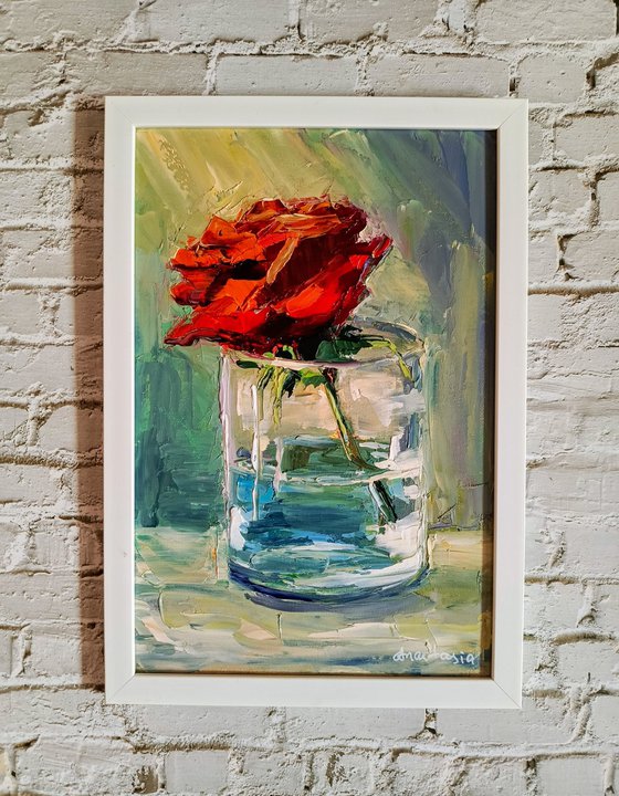 Red rose in the glass Framed and ready to hang floral painting