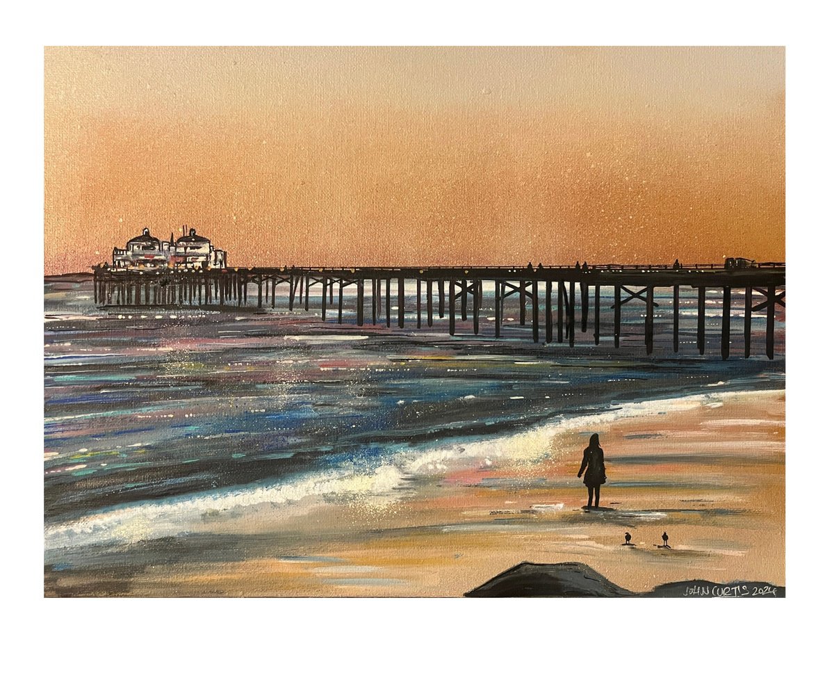 Illustrative Landscape Painting By John Curtis, 16 X 12, Malibu Beach Pier - Original On Canvas Board, Original Artwork