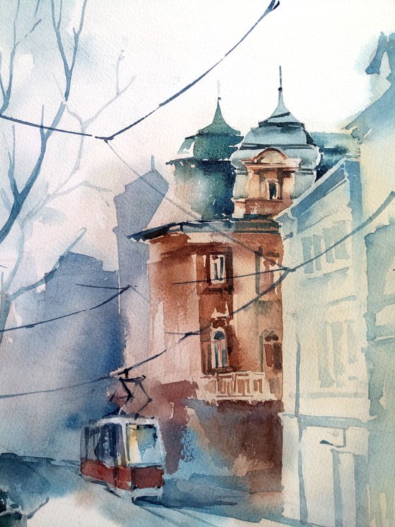 "Tram on the streets of Lviv, Ukraine" city landscape - Original watercolor painting