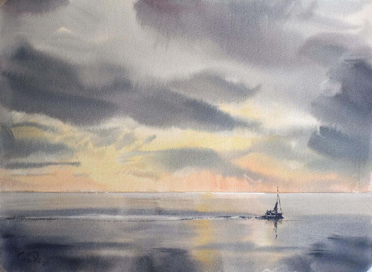 Expressive Landscape Watercolour By Tollo Pozzi, 15 X 11", Peaceful Navigation, Original Artwork