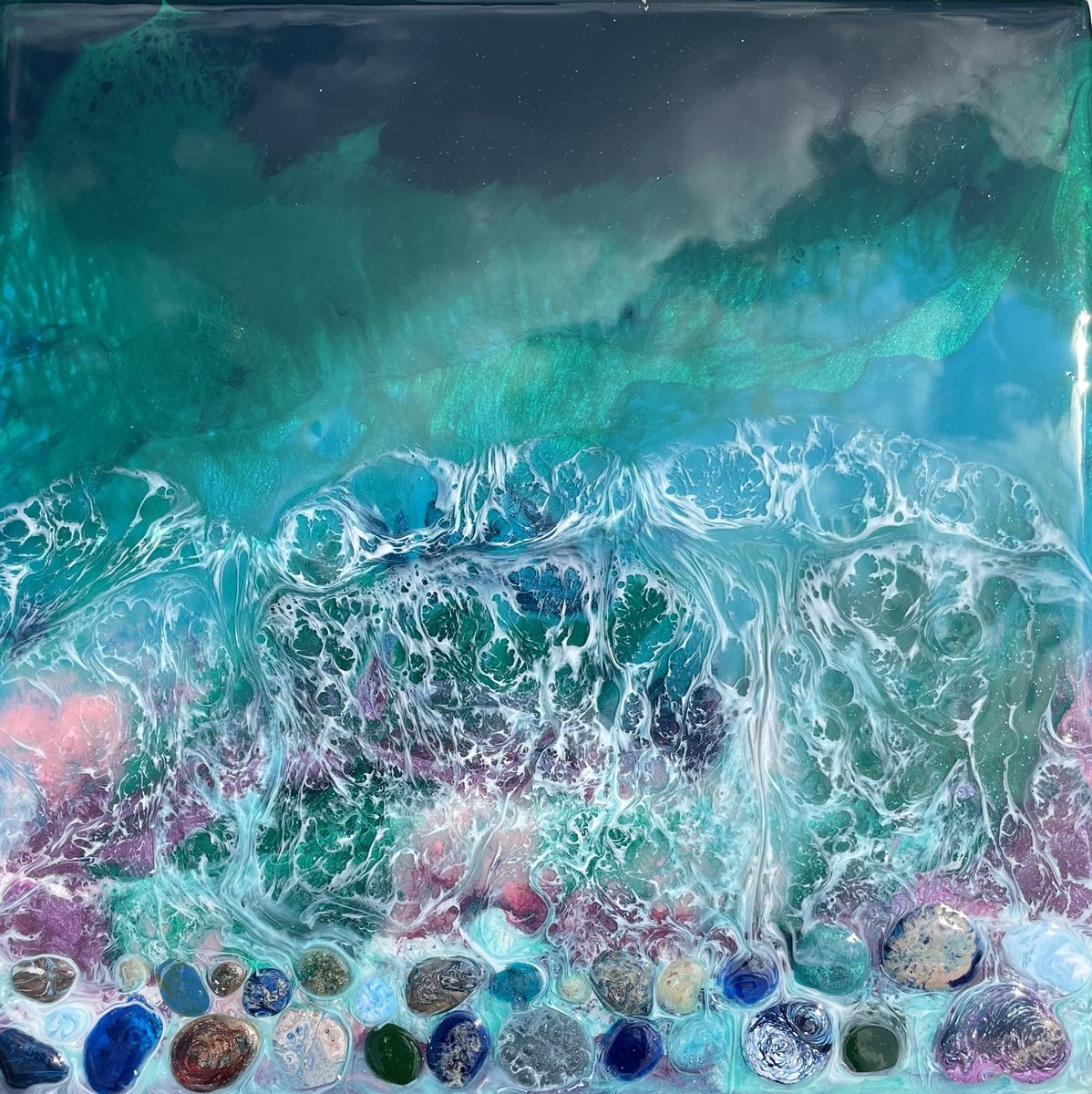 Teal and Purple Ocean Splashes on Pebbles by Hannah Bruce