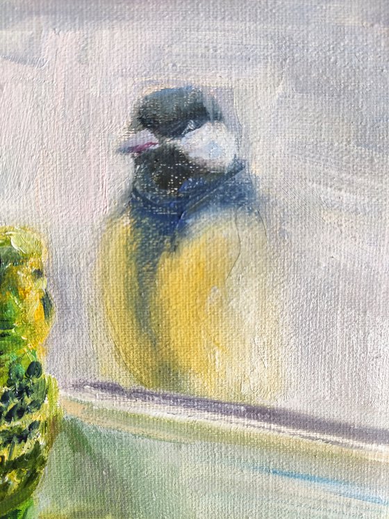 Birds Painting Winter Scene Chickadee and Green Parrot Freedom