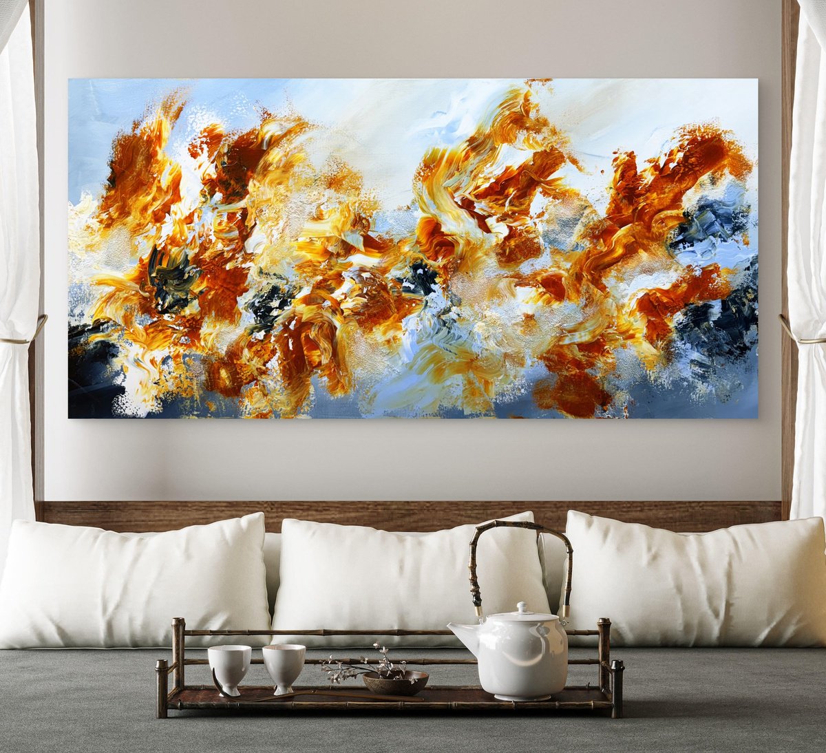 Abstract Acrylic Painting By Andrada Anghel, 48 X 24, Waves Of Fire, Original Artwork