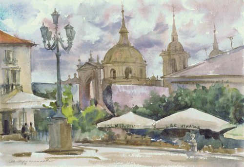 Square in old spanish town. Watercolour by Marina Trushnikova. Cityscape. Architectural scenery. Plain air artwork. by Marina Trushnikova