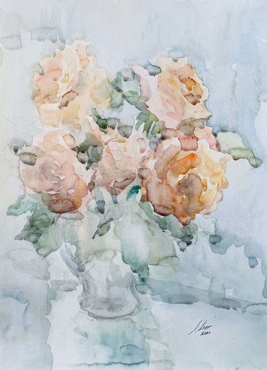 Impressionistic Still Life Drawing By Elena Klyan, 13 X 19, Bouquet Of Roses., Original Artwork
