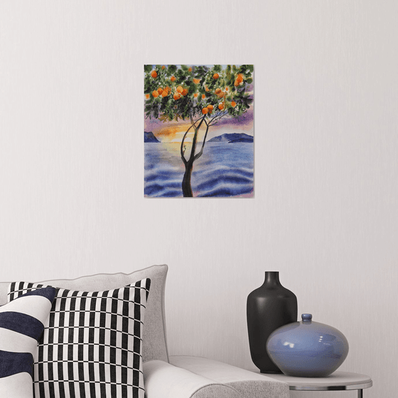 Mediterranean sunset with oranges tree