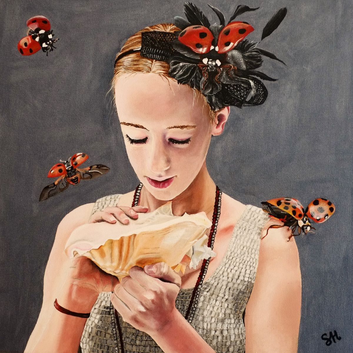 Surrealistic Portrait Acrylic Painting By Saskia Huitema, 17 X 17", "Ladybird, Ladybird Fly To Me", Original Artwork