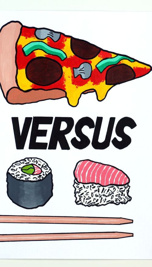 Pizza Versus Sushi A4 Painting by Ian Viggars