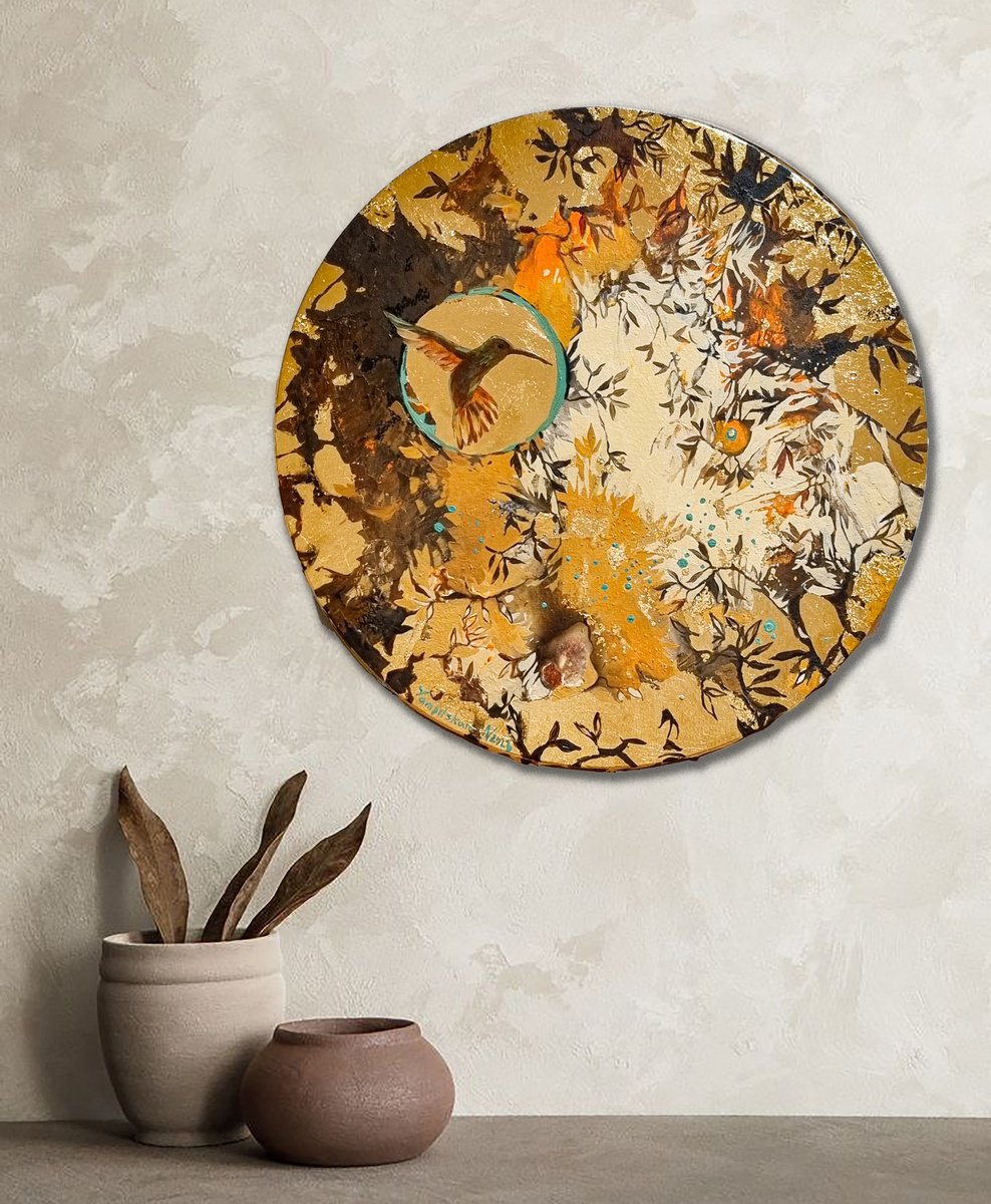 Abstract Animal Acrylic Painting By Natalia Yampolskaia, 20 X 20", Flight Of Time 3. Hummingbird, Original Artwork