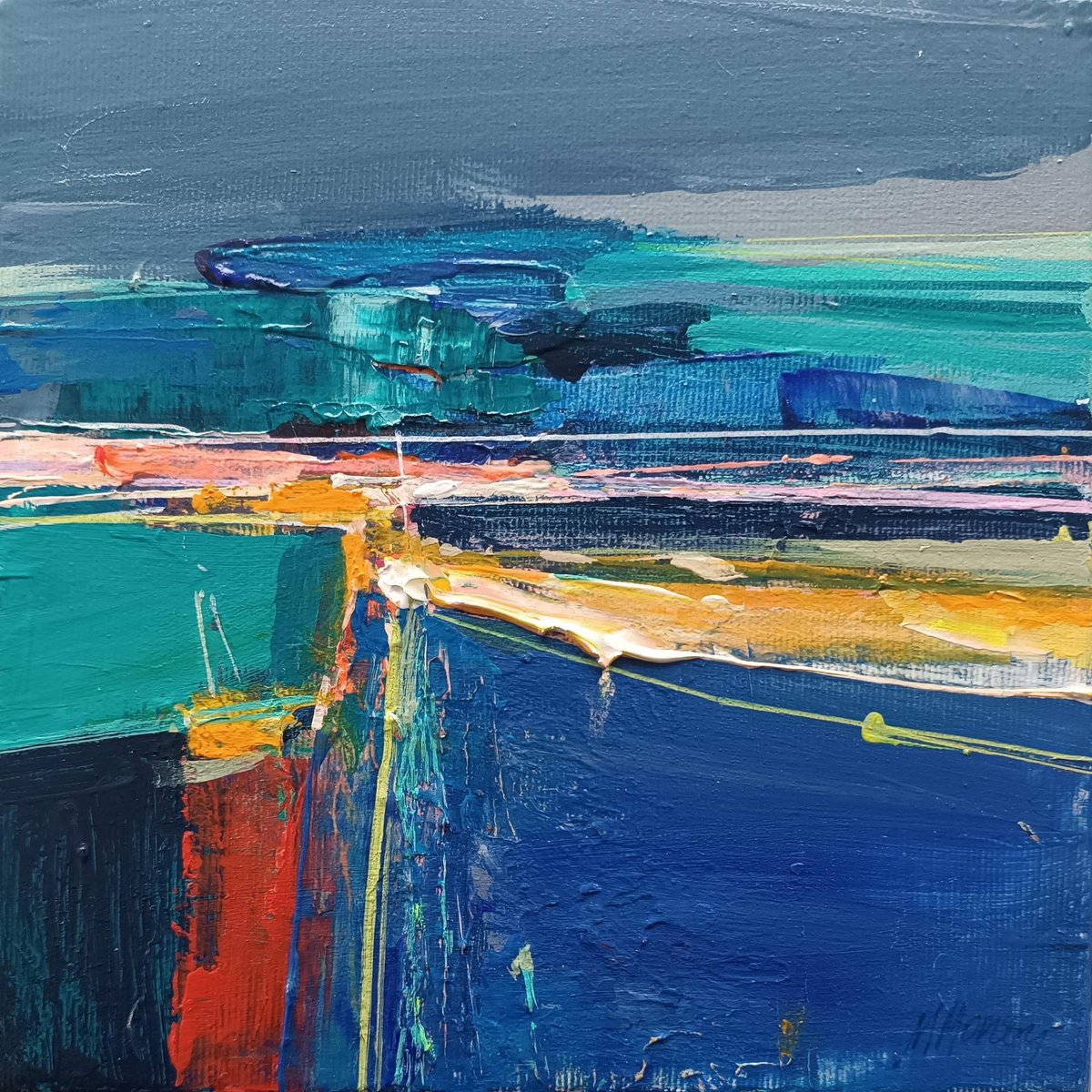 Abstract Landscape Acrylic Painting By Magdalena Morey, 8 X 8", Horizon Glow 2, Original Artwork