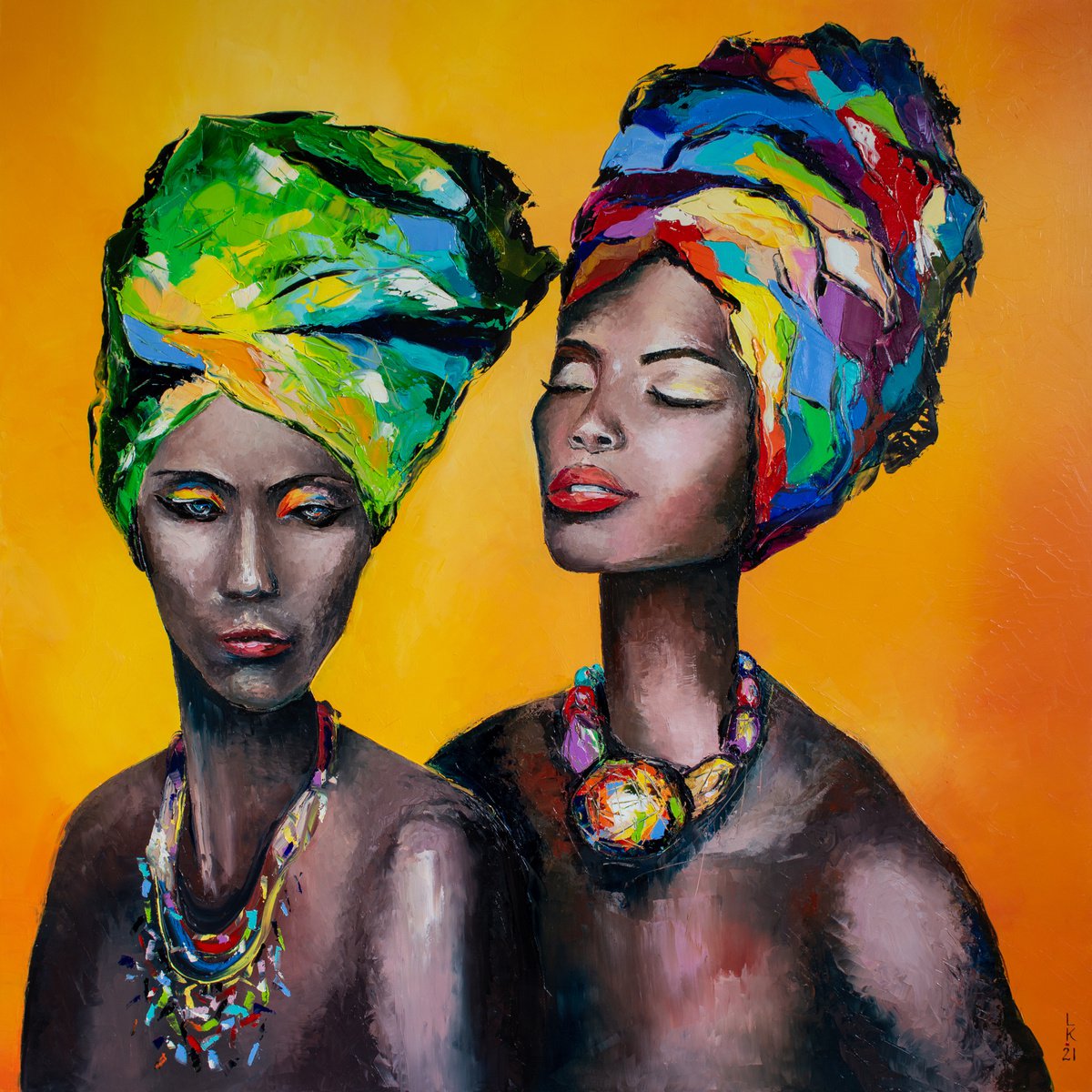 Impressionistic Portrait Oil Painting By Liubov Kuptsova, 39 X 39", Hot And Cold, Original Artwork