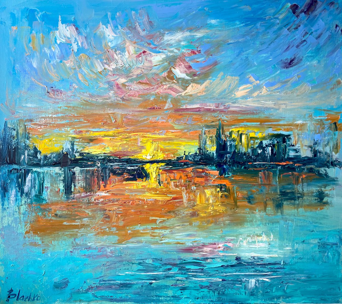 Sunset - Big city never sleeps, 70*80cm, impressionistic landscape oil painting in orange... by Olga Blazhko