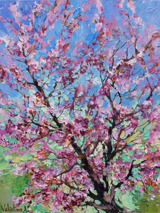 Flowering peach tree Original oil painting