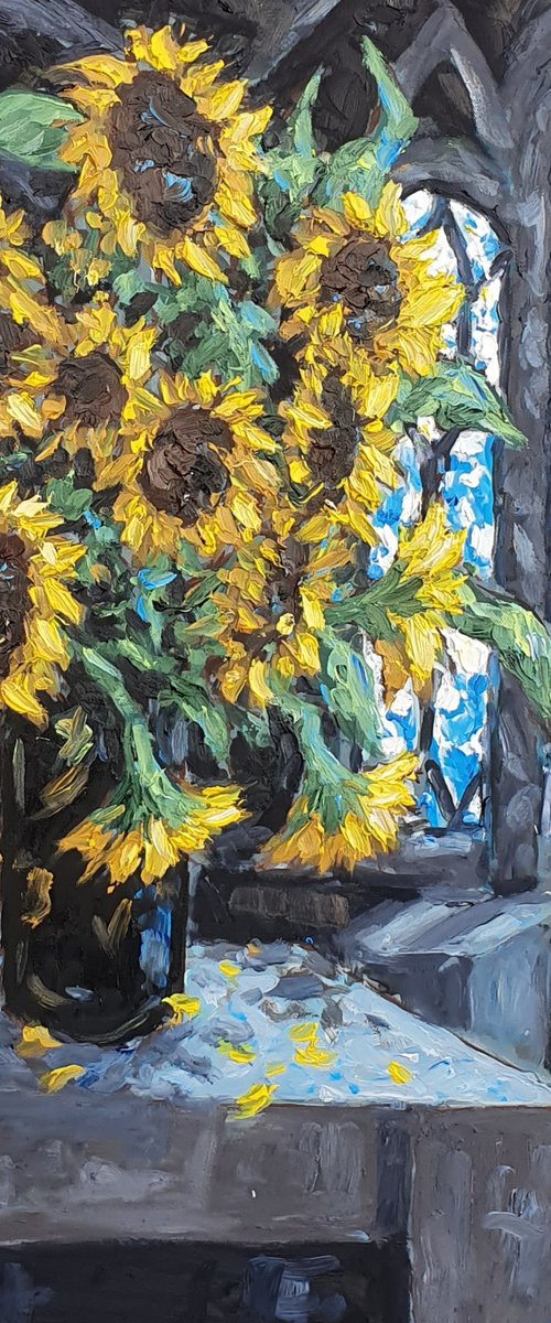 Sunflowers beside stained glass window II by Colin Ross Jack