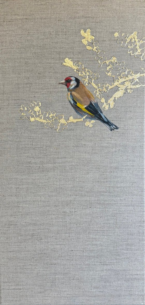 Goldfinch on Gold Leaf Blossoms