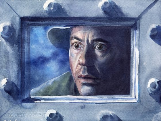 Watercolor portrait of Robert Downey Jr. as Sherlock Holmes