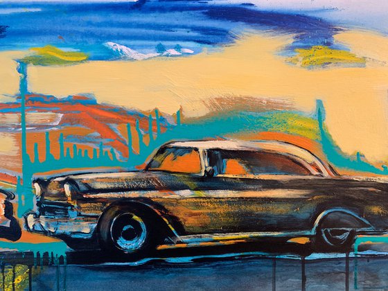 Horizontal bright painting - "Orange car" - Pop Art - Old school - Retro - Transport