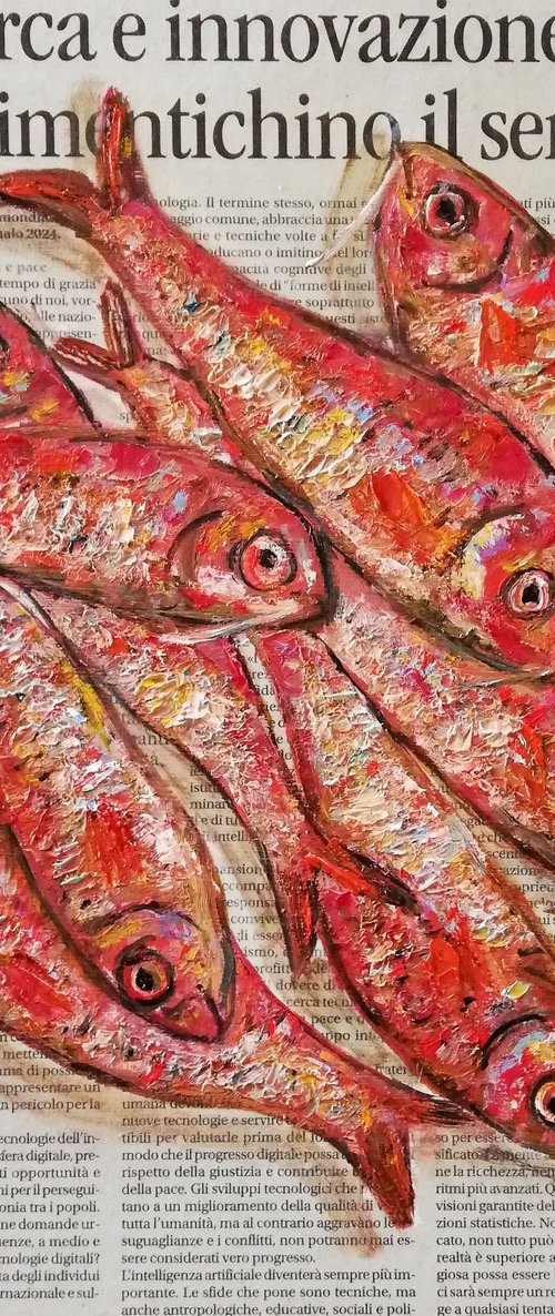 "Red Fishes on Newspaper" by Katia Ricci