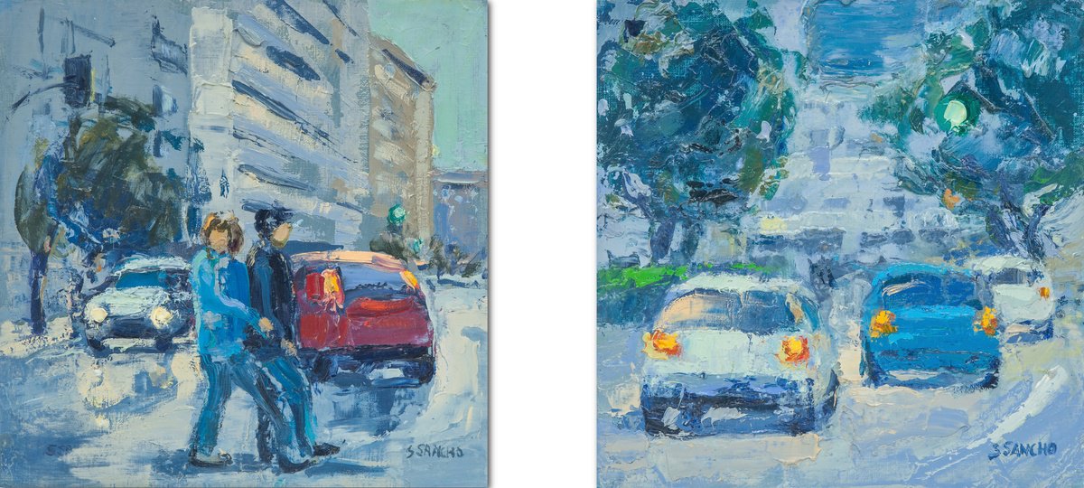 Expressive Cityscapes Oil Painting By Susana Sancho Beltran, 22 X 10", Diptych (Urban Landscape), Original Artwork