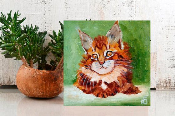 Ginger kitty, Cat Oil Painting Original Art Ginger Maine Coon Kitten Artwork Small Pet Portrait Wall Art
