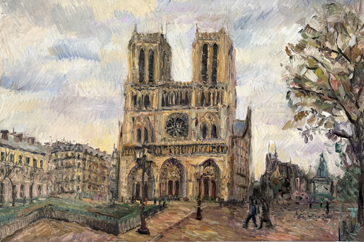 Impressionistic Cityscapes Oil Painting By Liubou Sas, 35 X 24", Notre-Dame De Paris, Original Artwork