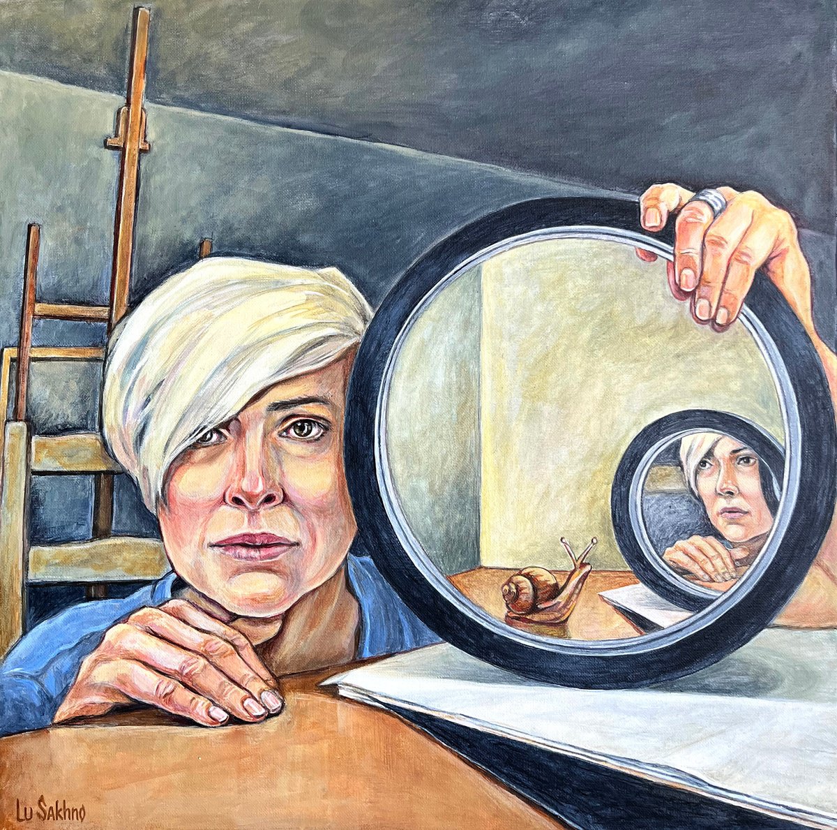 Self-portrait with a mirror by Lu Sakhno