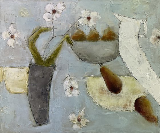 Six Merry Flowers, Two Bowls, a Vase, a Jug, a Cup, Three Figs & Two Pears Return from a Picnic!