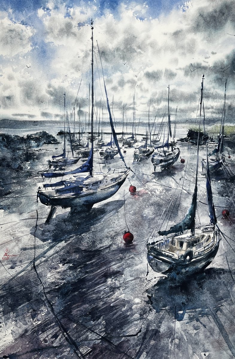 Impressionistic Landscape Watercolour By Larissa Rogacheva, 15 X 22", Harbour/Winter, Original Artwork