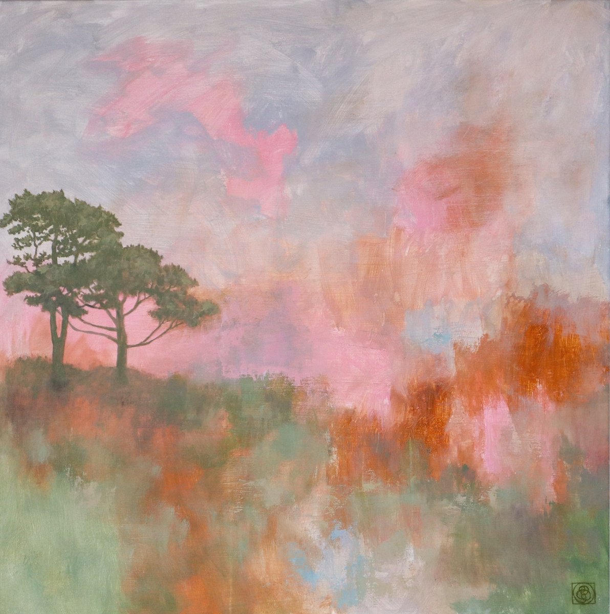 Expressive Landscape Oil Painting By Katia Bellini, 37 X 37", Two Trees, Original Artwork