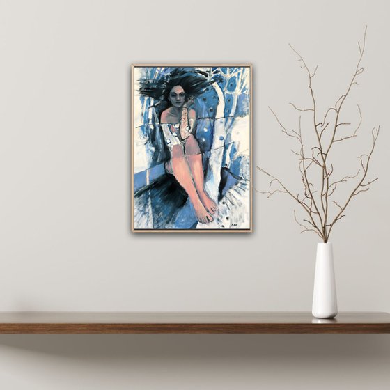 TIME - woman sky blue surreal painting - female figure drawing