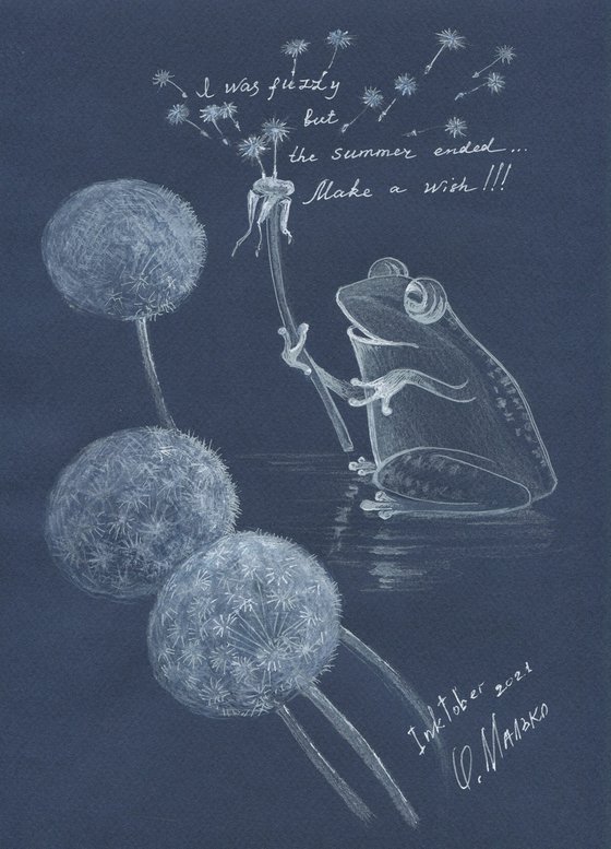 Frog and fuzzy dandelion puffs / Make a wish Funny picture Original art work