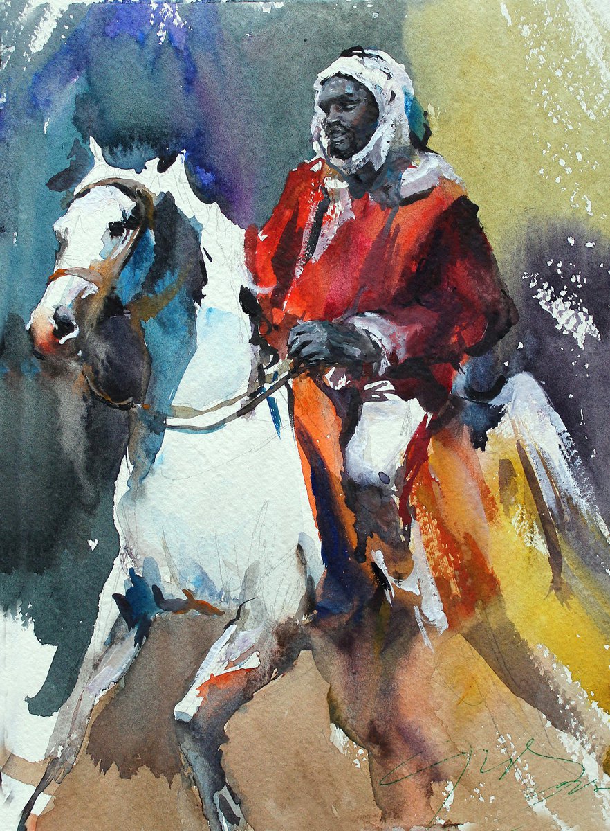 Impressionistic Animal Watercolour By Maximo Damico, 8 X 11", Arabian Horse And The Tuareg, Original Artwork
