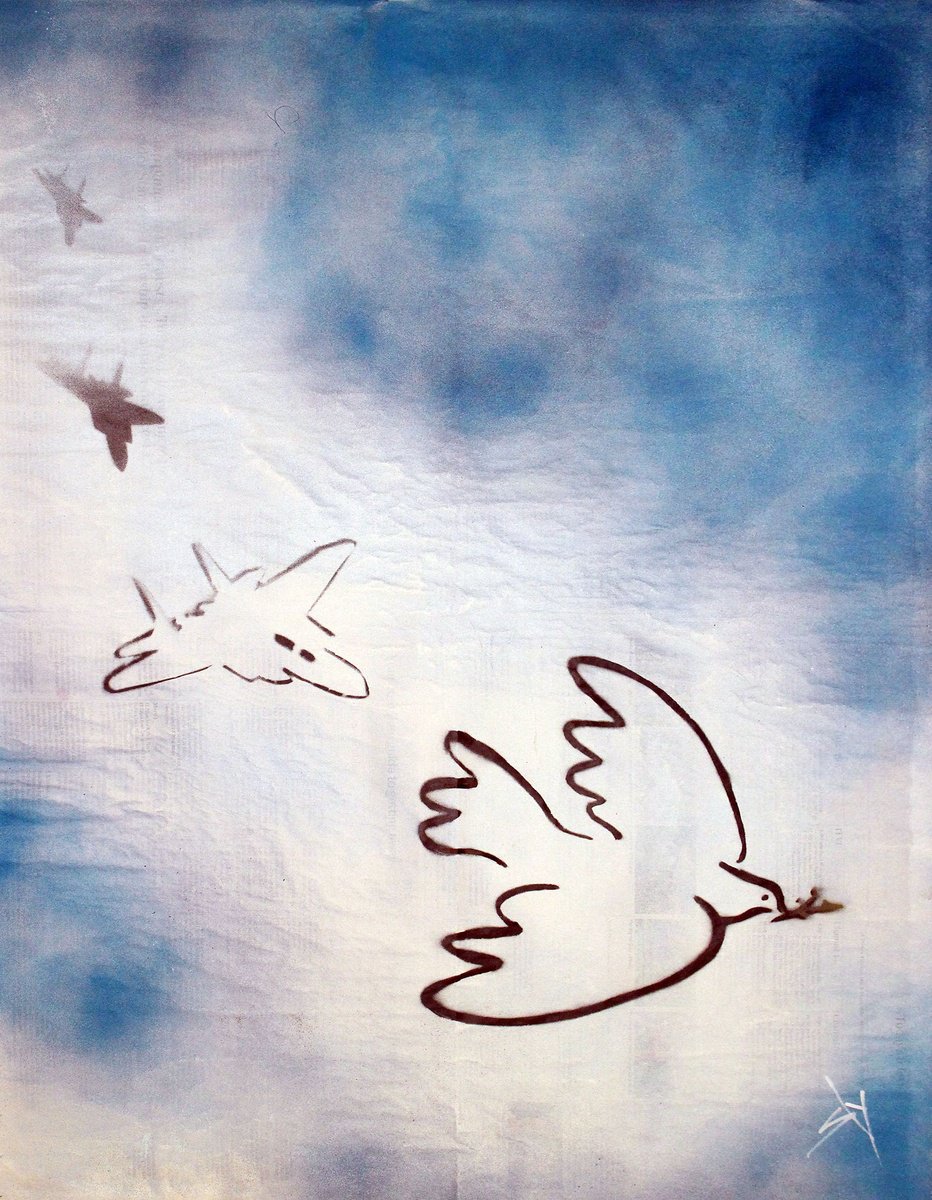 Urban And Pop Animal Painting By Juan Sly, 23 X 30", Dogfight Dove (On An Urbox)., Original Artwork