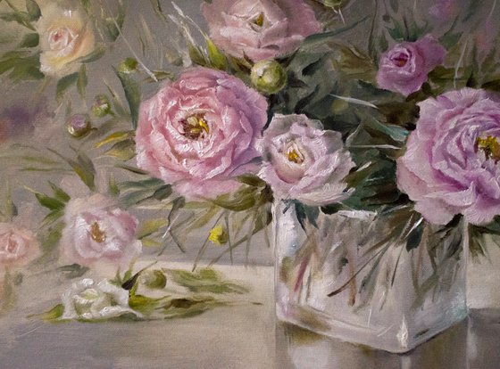 "Delicate Peonies" Original, oil painting on canvas, for landscape wall hanging.