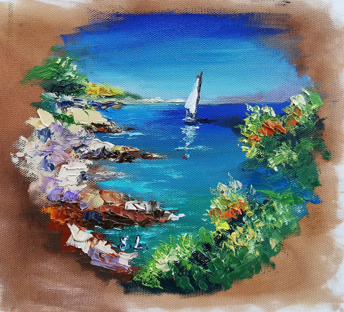 Miniature sea painting, lagoon on canvas by Annet Loginova