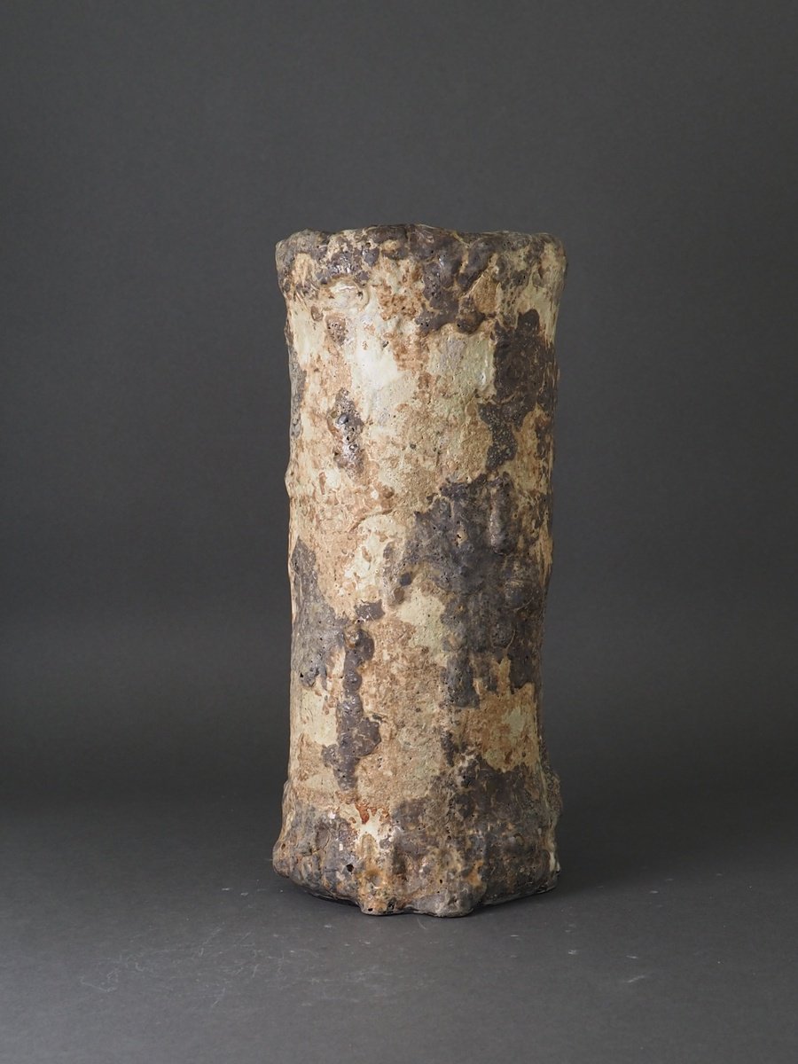 Organic Abstract Clay Sculpture By Linda Cares, 5 X 11", Geographical Cylinder, Original Artwork