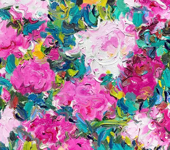 PEONIES - floral art, nature, panel with peony, original painting plants trees landscape green pink summer, impressionism art, interior home decor 85x100