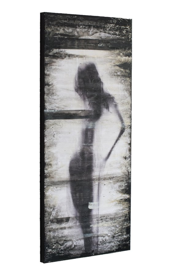 "The lady in the shadows" (80x35x2.5 cm) - Unique figurative artwork on wood (abstract, figurative, gold, original, resin, beeswax, painting)