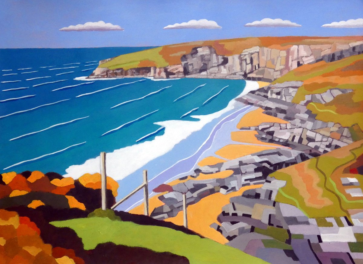 Landscape Acrylic Painting By Tim Treagust, 17 X 12", Trebarwith Strand, Original Artwork