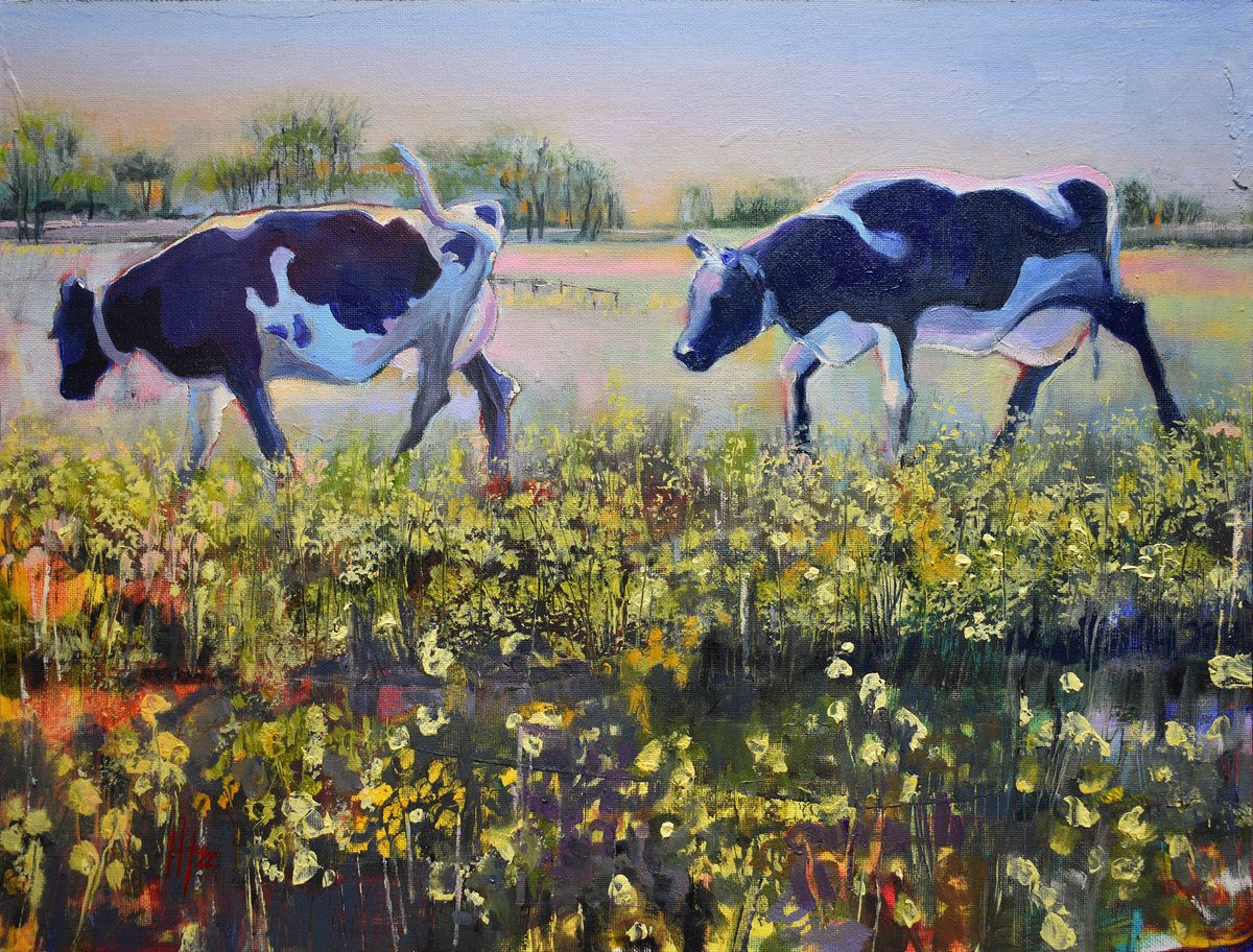 Impressionistic Animal Oil Painting By Hilde Hoekstra, 16 X 12, The Evening Passage, Original Artwork