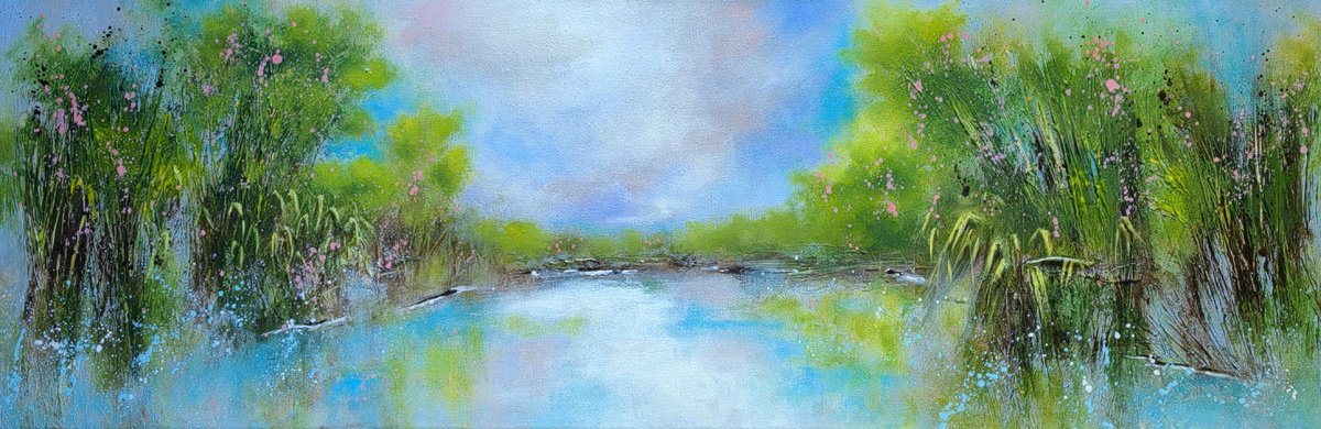 Abstract Landscape Acrylic Painting By Vera Hoi, 35 X 12", "Still Waters", Original Artwork
