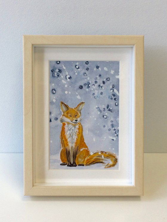 Fox portrait - Animal in winter forest - Small watercolor on canvas board - Framed artwork - Gift idea for animal lover